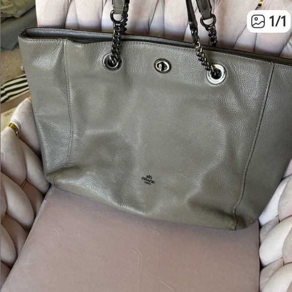 Coach Gray Leather Tote with Chain Handles and Turnlock - Picture 2 of 16